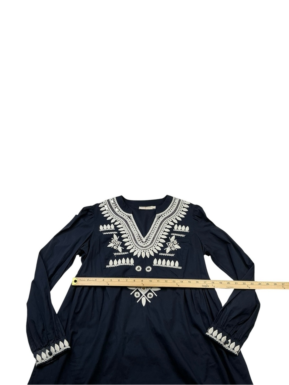 Tory Burch Keegan Embroidered Cotton Dress Navy Boho Size 10 - Picture 13 of 16